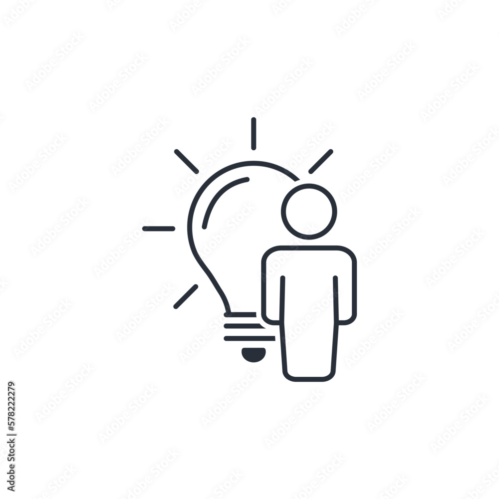 Poster man and innovation. creative solution. vector linear icon isolated on white background.
