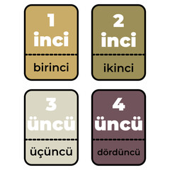 Ordinal numbers from 1 to 4 colored flashcard, material in turkish. Vector illustration