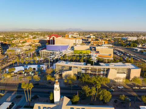 Mesa Arts Center aerial view at city center on Main Street and Center Street, Mesa, Arizona AZ, USA. 
