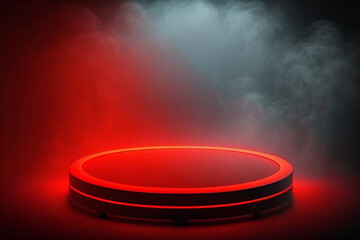 Red neon product showcase, round display platform stage with smoky hazy mist background for mockup, template, design