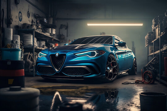 Blue metalic sport car Alfa Romeo in vintage car workshop, generative ai