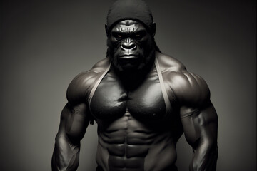 Portrait of strong muscular gorilla bodybuilder on grey background generative ai