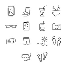 A set of simple linear icons. Travel and recreation.