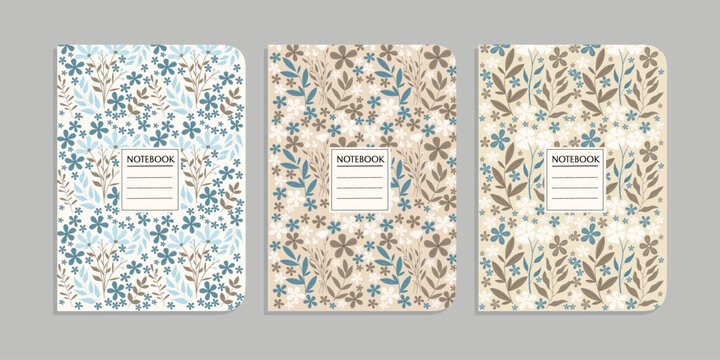 set of book cover templates with hand drawn abstract floral patterns. abstract retro botanical background. size A4 For notebooks, books, diaries, planners, brochures, books, catalogs