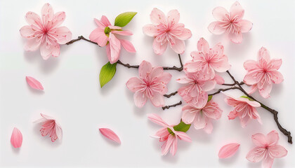 A delicate sakura branch, blossoming with pink flowers, poses elegantly against a stark white background, generative ai.