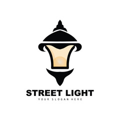 Street Light Logo, Lightning Lantern Vector, Template Icon Retro Classic Vintage Design