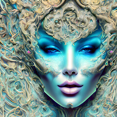 Gesicht einer schönen Frau in blau - Konzept: psychedelic wave art - created with hyperrealistic generative AI technology