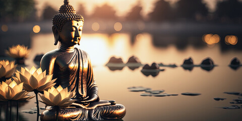 gold Buddha statue on the water with lotuses at sunset, generative AI - obrazy, fototapety, plakaty