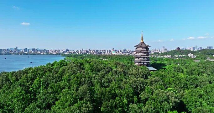 Aerial view of the beautiful West Lake natural scenery in Hangzhou, Zhejiang Province, China. Ancient Leifeng Pagoda and city skyline in Hangzhou.