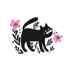 Funny cat with flowers illustration