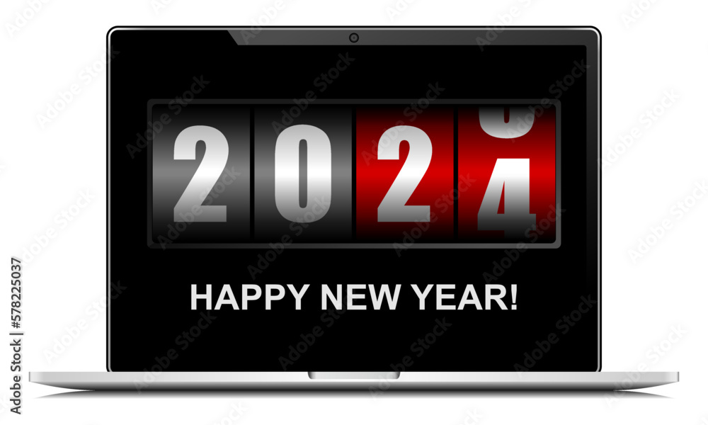 Aufkleber happy new year 2024 vector illustration with counter on notebook screen
