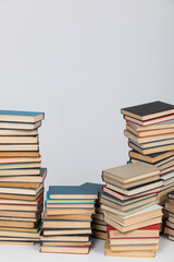 science knowledge reading many books on a white background in the library in the office