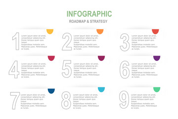 Infographic template for business plan ,strategy, roadmap. 9 Steps Modern Timeline diagram ,minimal style, presentation vector infographics