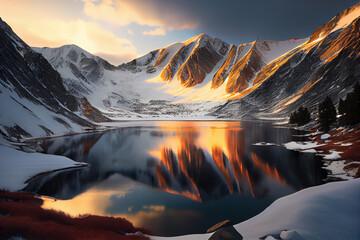 Snowy mountain range landscape with a lake below at sunrise, generative art