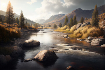 Flowing river with a mountain range in the horizon at midday beautiful nature landscape, generative art