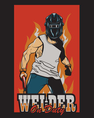 Welder On Duty With Fire Background Vector Illustration