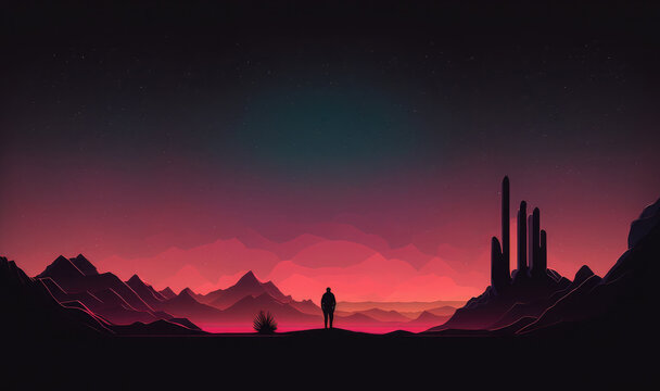 Sunset over a rocky desert with the silhouette of a man watching the horizon. Generative AI