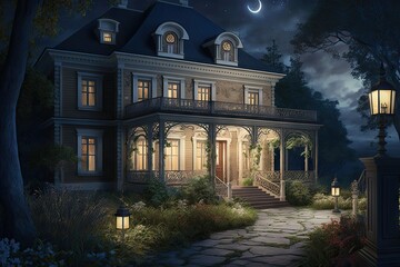 private house with veranda and garden in suburb of village exterior of a classic house at night, created with generative ai - obrazy, fototapety, plakaty