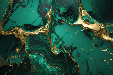 Emerald green and gold marble background. Invitation, card backdrop, banner. Ai generated