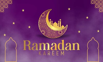 Obraz na płótnie Canvas Ramadan Kareem islamic greeting card background with realistic moon and Islamic decorations