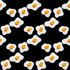Creative layout made of scrambled eggs with decorated golden Easter eggs on a black background.