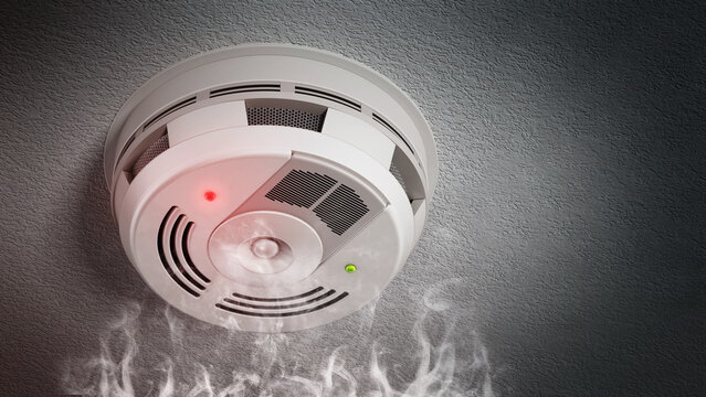 Alarming smoke detector on the ceiling. 3D illustration