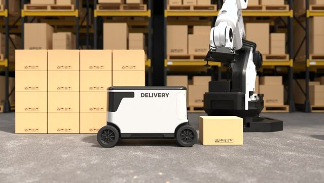 The Robot arm picks up the box Autonomous, The robot is delivering the goods, Autonomous delivery is robotic