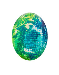 Abstract blue - yellow - green drawings on painted eggs on white isolated background. Easter concept, fantasy animal eggs. Copy space