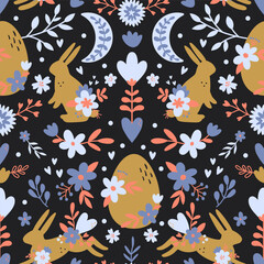 seamless boho pattern with bunnies and eggs