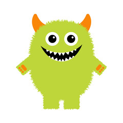 Fluffy monster standing. Funny face head. Eyes, fang teeth. Happy Halloween. Cute kawaii cartoon colorful scary character. Green monsters. Funny baby collection. Flat design. White background