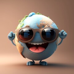 Cute happy earth character wearing sunglasses. Generative AI