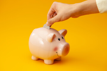 Close up, hand putting coins into the piggy bank.
Man making savings. Financial planning concept.