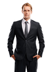 A successful CEO or entrepreneur exudes confidence while dressed in a formal suit, standing alone...