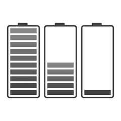 Set of battery icons with different charges, isolated white background.