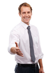 A cheerful young businessman extends his hand for a handshake, with a beaming smile, in anticipation of a corporate or partnership deal isolated on a PNG background.