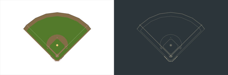 Vector Baseball field Technical Illustration line art  on the blueprint