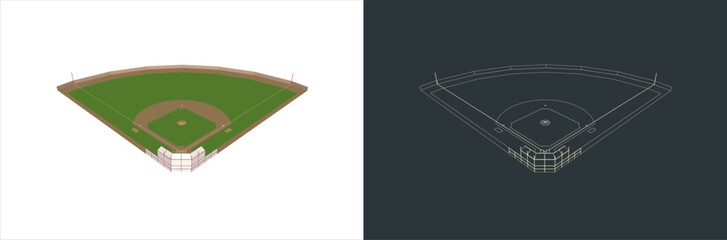 Vector Baseball field Technical Illustration line art  on the blueprint