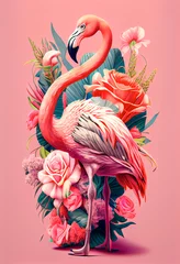 Muurstickers Exotic summer pink animal, flamingo covered with fresh spring flowers. Tropical background. Abstract animal concept. Illustration, Generative AI. © Ljuba3dArt