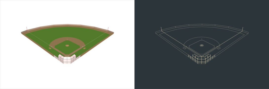 Vector Baseball field Technical Illustration line art  on the blueprint