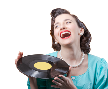 Cheerful vintage woman with vinyl record