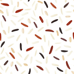 Rice seeds background. Seamless pattern with different types of rice. Vector cartoon illustration of wild dark rice, red, brown and long white rice.