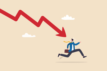 Business failure, economic recession or investment loss or stock market falling down, crisis or crash, investing risk or depression concept, failed businessman run away from falling down arrow chart.