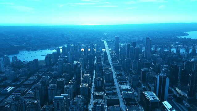 aerial flyover Vancouver downtown city main entertainment strip on Granville Street North to South progressive modern futuristic architectural growth YVR1-2