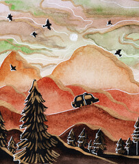 Watercolor mountain landscape with car birds and firs.
