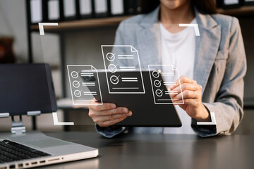 Online business contract Electronic signature, e-signing, digital document management, paperless office, business hand working at office.