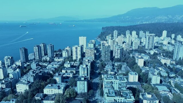 Vancouver Downtown Davie Village aerial flyover dense residential community overlooking English Bay Stanley Park most popular apartments right by the beaches in the mountain valley city1-3