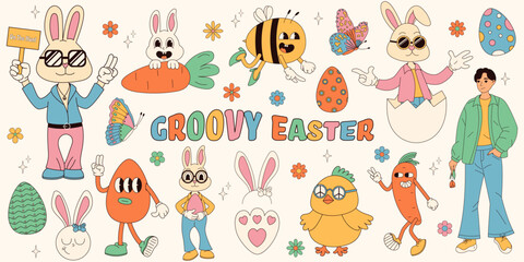 Groovy hippie Happy Easter set. Easter bunny, eggs, butterflies, cupcakes, chickens. Set of cartoon characters and elements in trendy retro 60s 70s cartoon style.