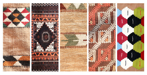 Set of vertical or horizontal banners with textures of berber traditional wool carpet with geometric pattern, Morocco