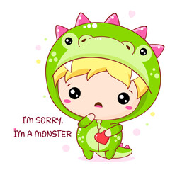 Apologize card with sad cute baby in monster costume. Inscription I'm sorry, I'm a monster. Cute little boy apologize. Vector illustration EPS8