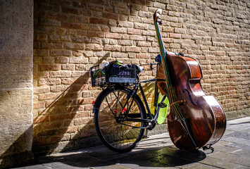 cello and bike in front of a wall